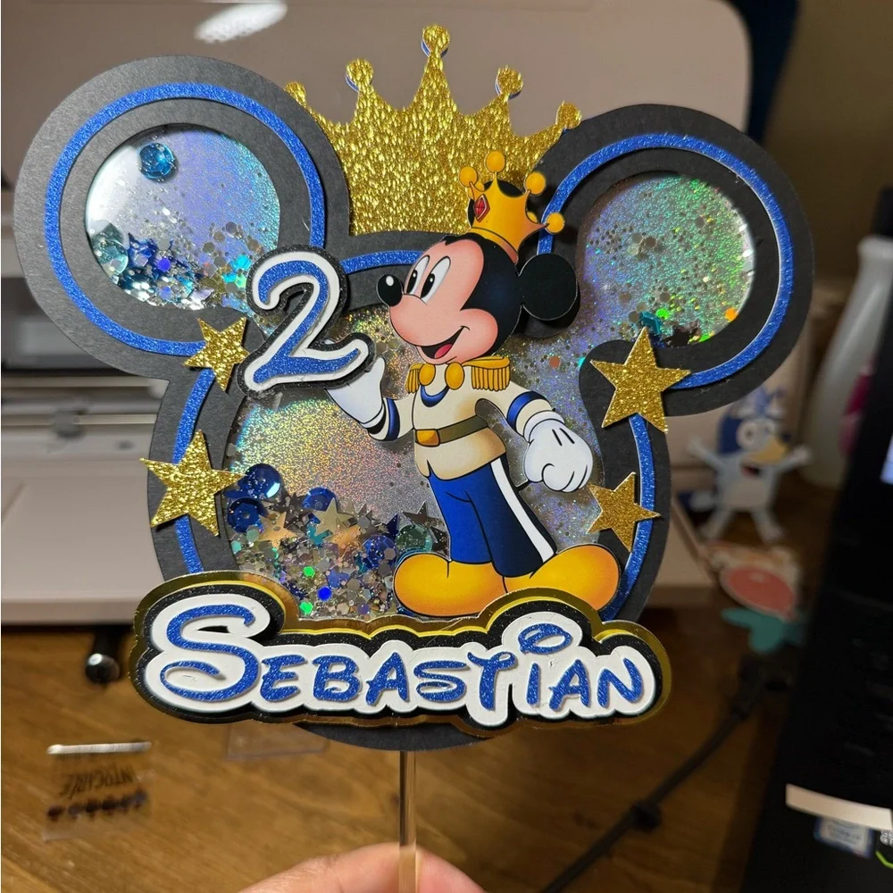 Mickey Mouse Birthday Cake Topper with Gold and Blue Accents. Personalized